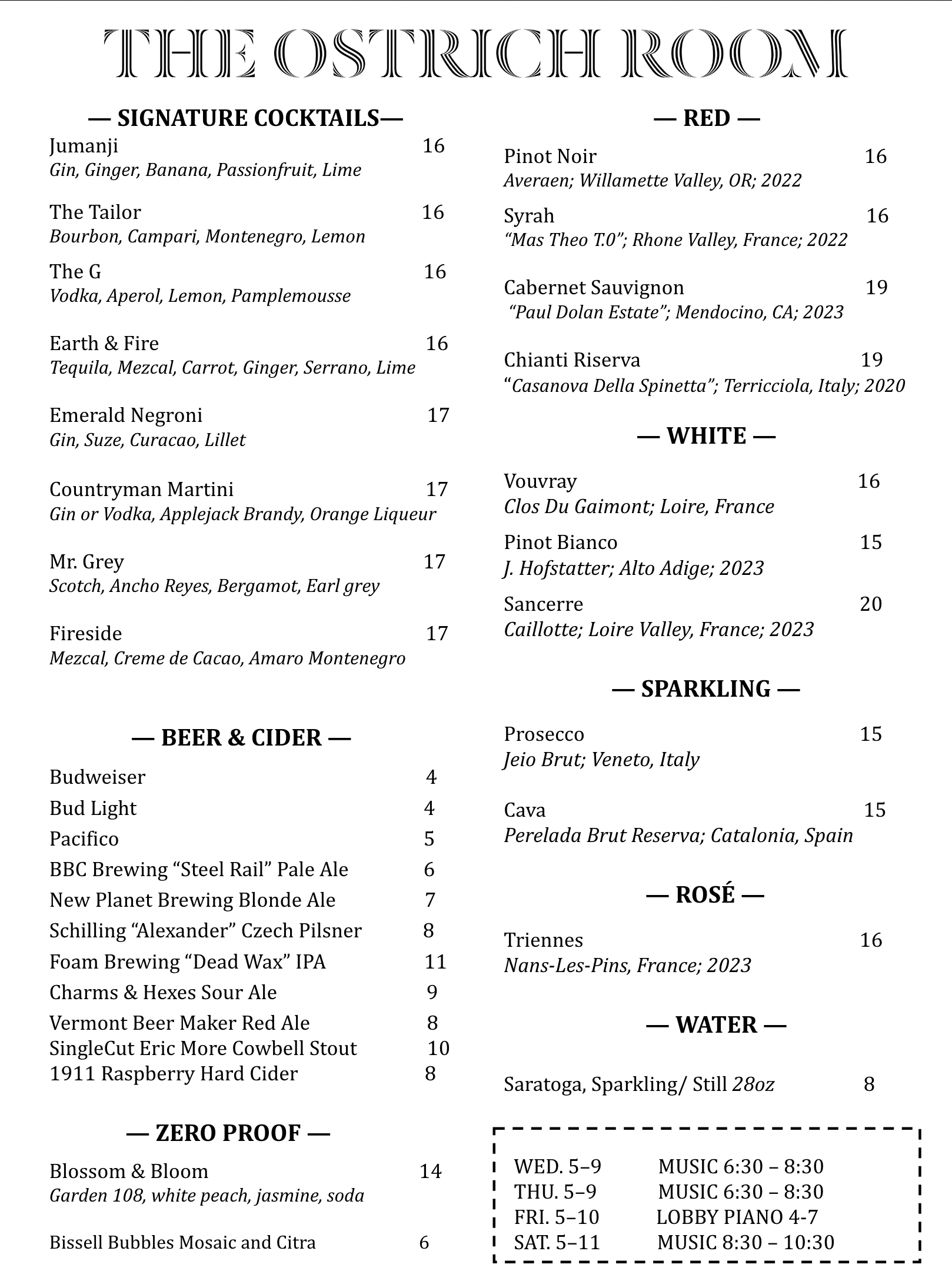 Drinks menu