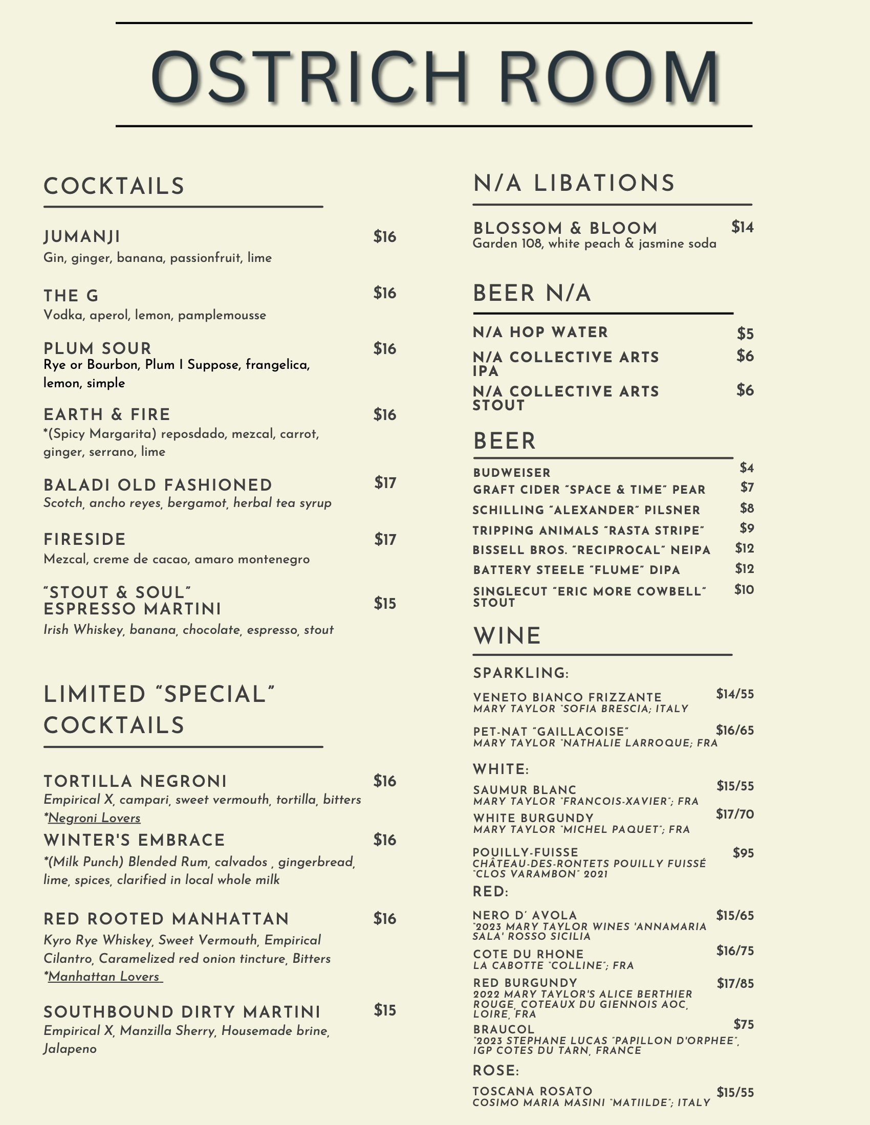 Drinks menu